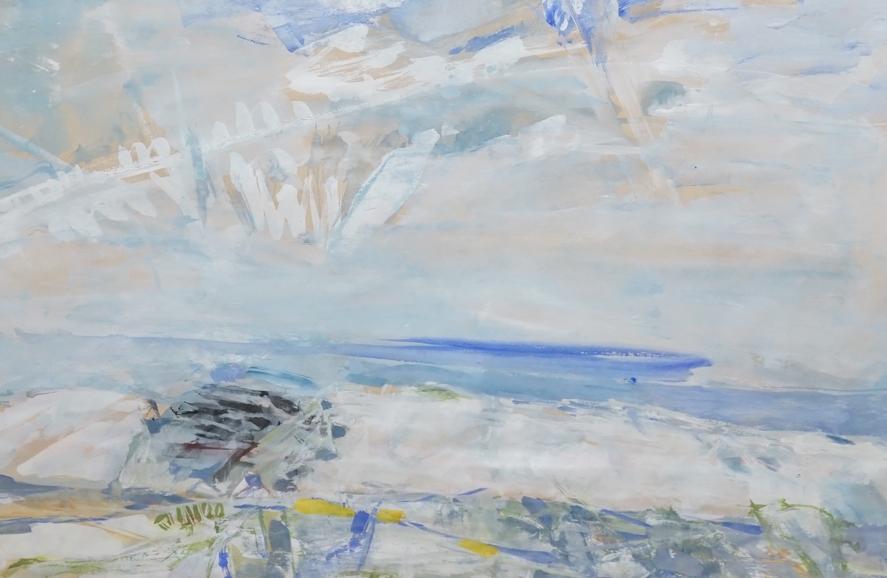 Derek Hyatt (1931-2015), watercolour, Abstract coastal view, unsigned, New Arts Centre, London label verso, 33 x 45cm. Condition - good
